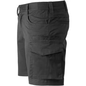 Unisex black cotton stretch ripstop work shorts featuring multiple pockets and an elastic waistband.