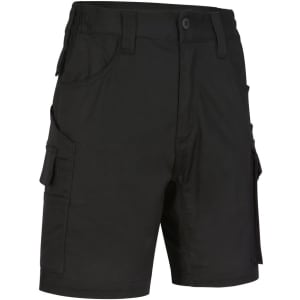 Black unisex cotton stretch ripstop work shorts with multiple pockets and a branded logo.