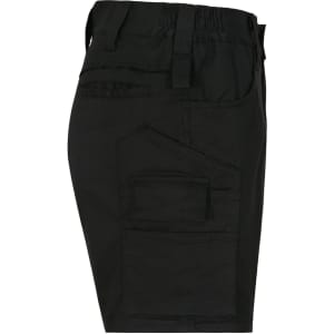 A pair of black unisex cotton stretch ripstop work shorts featuring multiple pockets and an elastic waistband.