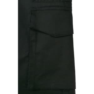 A close-up of black cotton stretch ripstop work shorts featuring a side pocket and durable fabric texture.