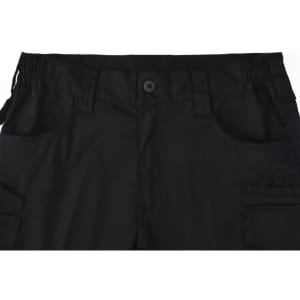 Black unisex cotton stretch ripstop work shorts featuring a button closure and multiple pockets, with a branded logo.