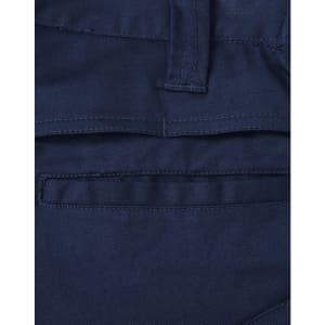 Navy blue unisex cotton stretch ripstop work shorts with a back pocket and a waistband. Features a logo.