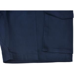 Navy blue unisex cotton stretch ripstop work shorts featuring a cargo pocket and a sturdy fabric.