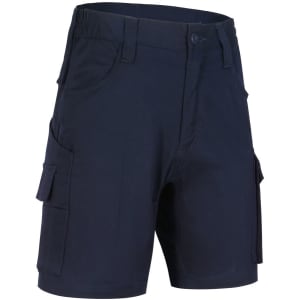 Unisex cotton stretch ripstop work shorts in navy, featuring multiple pockets and a fitted design.