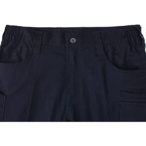 A pair of navy blue unisex cotton stretch ripstop work shorts featuring an elastic waistband and multiple pockets.