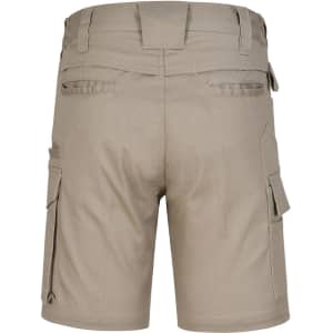Beige unisex cotton stretch ripstop work shorts with cargo pockets and a logo on the back.