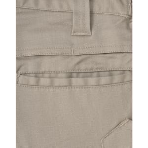 A close-up of unisex cotton stretch ripstop work shorts in a light beige colour, featuring a back pocket and stitching details.
