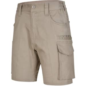 Beige unisex cotton stretch ripstop work shorts with multiple pockets and a logo. Suitable for workwear.