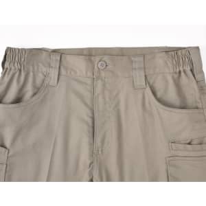 Unisex cotton stretch ripstop work shorts in khaki, featuring elastic waistband and multiple pockets.