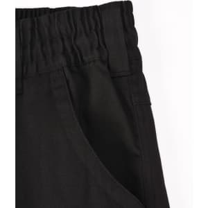 A pair of black unisex cotton stretch drill work pants featuring a cuffed design and an elasticated waistband.