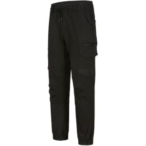 Unisex black cotton stretch drill cuffed work pants, featuring multiple pockets and an elastic waistband.