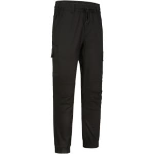 Unisex cotton stretch drill cuffed work pants in black, featuring side pockets and an elastic waistband.