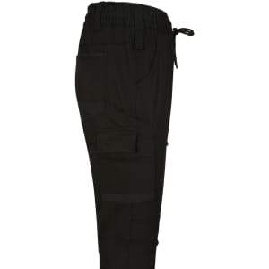 Unisex cotton stretch drill cuffed work pants in black, featuring multiple pockets and an adjustable drawstring waist.