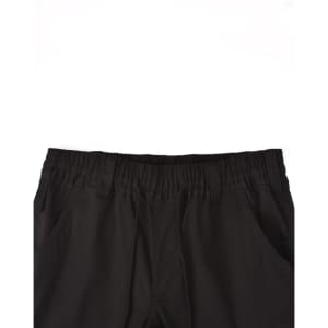 Black unisex cotton stretch drill cuffed work pants featuring an elastic waistband and pockets.