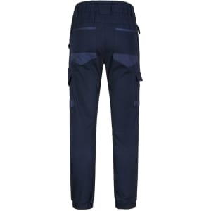 Unisex cotton stretch drill cuffed work pants in navy, featuring back pockets and elasticised cuffs.