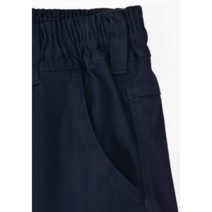 Unisex navy cotton stretch drill cuffed work pants with an elastic waistband and side pockets. Features a logo.