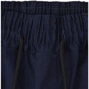 Dark navy unisex cotton stretch drill cuffed work pants with an elastic waistband and drawstring detail.
