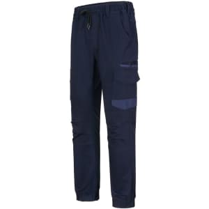 Unisex cotton stretch drill cuffed work pants in navy blue with pockets and a drawstring waistband.