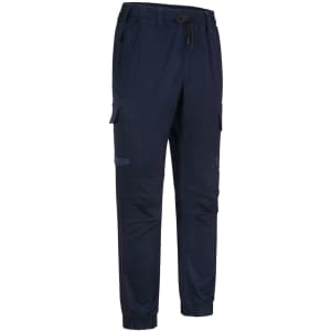 Unisex cotton stretch drill cuffed work pants in navy, featuring side pockets and a drawstring waist.