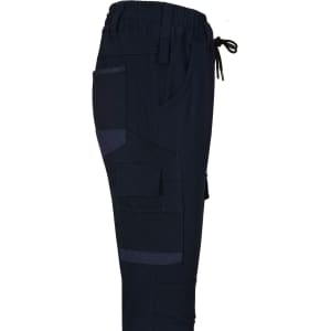 Navy blue unisex cotton stretch drill work pants with cuffed legs and several pockets. Features an elastic waistband and drawstring.