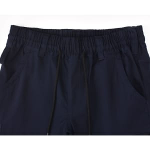 Unisex cotton stretch drill cuffed work pants in navy, featuring an elastic waistband and drawstring.