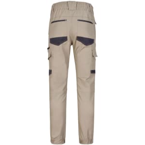 Unisex cotton stretch drill cuffed work pants in khaki with grey detailing and multiple pockets. Features a logo.