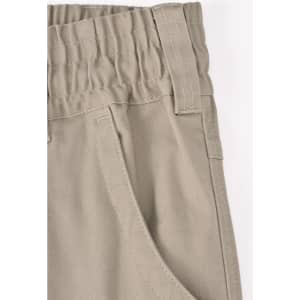 Unisex cotton stretch drill cuffed work pants in light khaki, featuring an elastic waistband and front pockets.