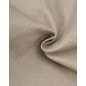 A close-up of beige fabric showcasing the texture of cotton stretch drill material. The image features a subtle shine.