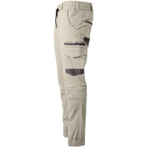 Unisex cotton stretch drill cuffed work pants in beige with contrasting grey accents and pockets.