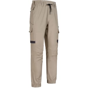 Unisex cotton stretch drill cuffed work pants in beige, featuring cargo pockets and an elastic waistband.