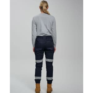 Cotton stretch drill cuffed work pants in navy, featuring reflective tape and a fitted design, viewed from the back.