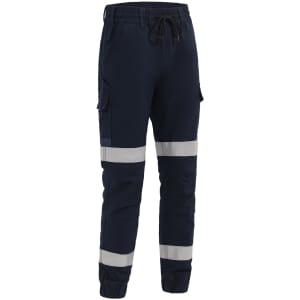 Navy blue cuffed work pants with reflective tape and pockets, featuring an elastic waistband and drawstring.
