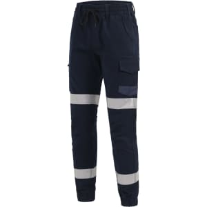 Cotton stretch drill cuffed work pants in navy with reflective tape detailing, featuring cargo pockets and an elastic waist.