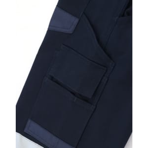 Navy cotton stretch drill cuffed work pants featuring multiple pockets and a branding logo.