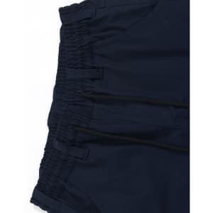 Navy cotton stretch drill cuffed work pants with elastic waistband and multiple pockets, featuring a logo.