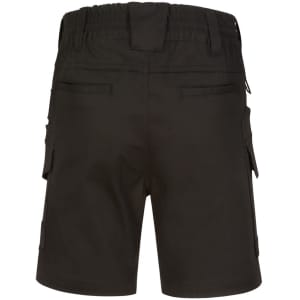 Unisex black cotton stretch drill work shorts featuring a rear view with multiple pockets and an elastic waistband.