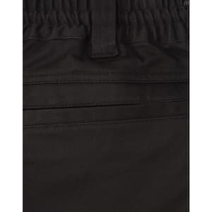 A close-up of black cotton stretch drill work shorts, featuring an elastic waistband and pockets.
