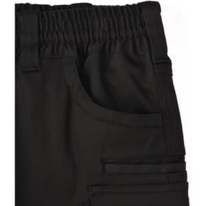 Black unisex cotton stretch drill work shorts featuring an elastic waistband and pockets, with a logo visible.
