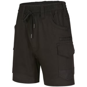 Unisex cotton stretch drill shorts in black with an elastic waistband and multiple pockets, featuring a logo.