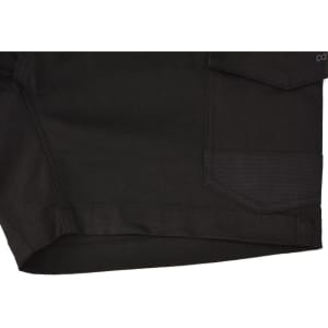 Unisex cotton stretch drill work shorts in black with a side pocket and a logo.