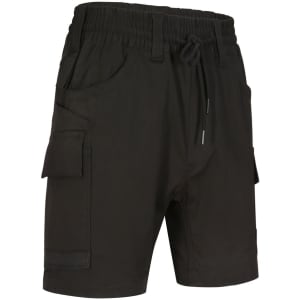 Unisex cotton stretch drill work shorts in dark green, featuring side pockets and an adjustable waistband.
