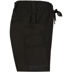 Unisex cotton stretch drill shorts in black, featuring a side pocket and an elasticised waist with a drawstring.