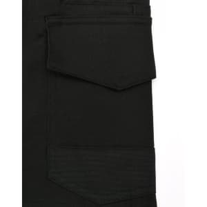 Black unisex cotton stretch drill work shorts featuring multiple pockets and a textured section. Includes a logo.