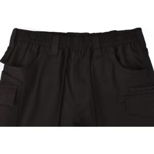 Unisex black cotton stretch drill work shorts featuring an elastic waistband and multiple pockets.