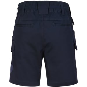 Unisex cotton stretch drill work shorts in navy, featuring multiple pockets and an elastic waistband.
