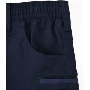 Navy unisex cotton stretch drill work shorts featuring an elastic waistband and side pockets, with a logo.