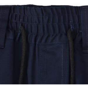 A close-up of navy blue unisex work shorts, featuring an elastic waistband and drawstring with pockets.