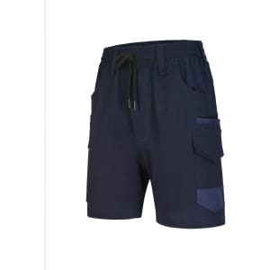 Navy unisex cotton stretch drill work shorts with multiple pockets and an elastic waistband. Features a logo.