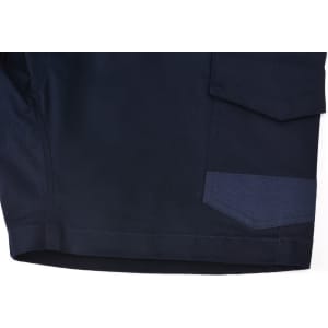 Unisex cotton stretch drill shorts in navy with a pocket detail. Features branding on the garment.