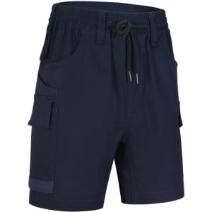 Navy unisex cotton stretch drill work shorts featuring pockets and an elastic waistband with a drawstring.